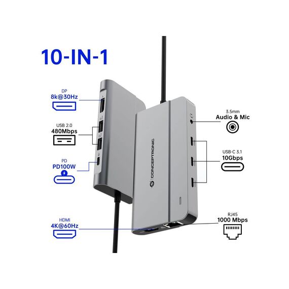 Conceptronic DONN34G 10-in-1 USB-C MST Docking Station