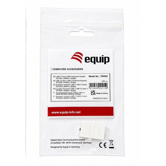 Equip 769403 USB-C Keystone Coupler 20Gbps 100W PD White