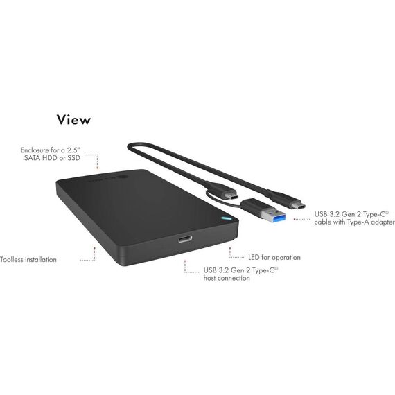 ICY BOX IB-201T-CU31 2.5 inch SATA HDD SSD Enclosure USB-C USB-A Black