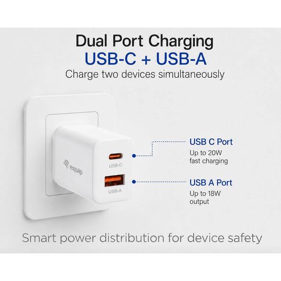 Equip 2-Port 20W GaN USB PD Charger, USB-C  (245526)