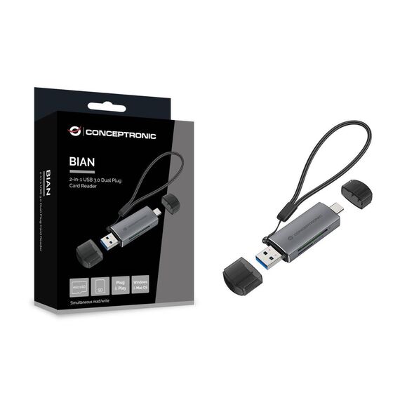 Conceptronic BIAN05G USB-A USB-C SD MicroSD Card Reader Grey