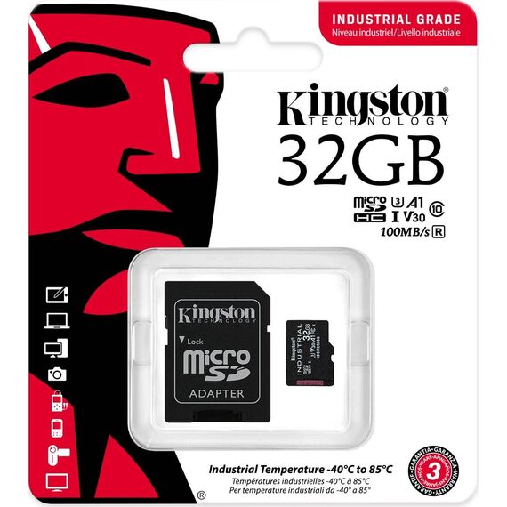 Kingston Industrial 32GB microSDHC UHS-I U3 V30 A1 pSLC Memory Card with SD Adapter