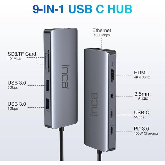 INCA ITPC-10TX USB-C 9-in-1 Adapter HDMI 4K60 Ethernet PD