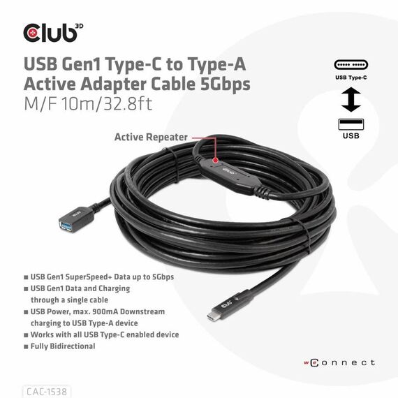 Club 3D CAC-1538 USB-C to USB-A Active Adapter Cable 10m Black