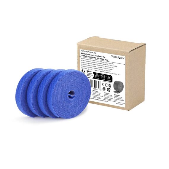 StarTech HKLP1505BL4PK Hook-and-Loop Tie Roll 4-Pack Blue