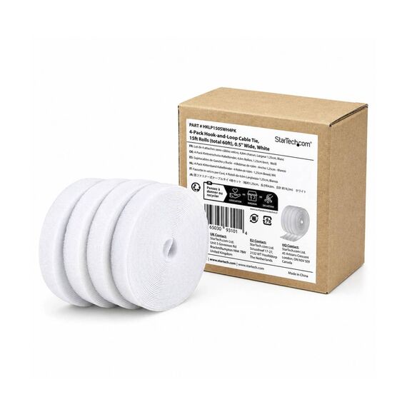 StarTech HKLP1505WH4PK Hook-and-Loop Tie Roll 4-Pack White