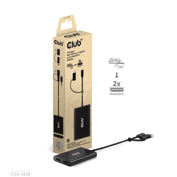 Club 3D CSV-1478 USB-C to Dual DP 4K60 DisplayLink Adapter