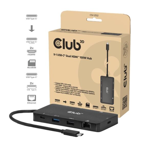Club 3D CSV-2552 9-in-1 USB-C Hub Dual HDMI 100W PD