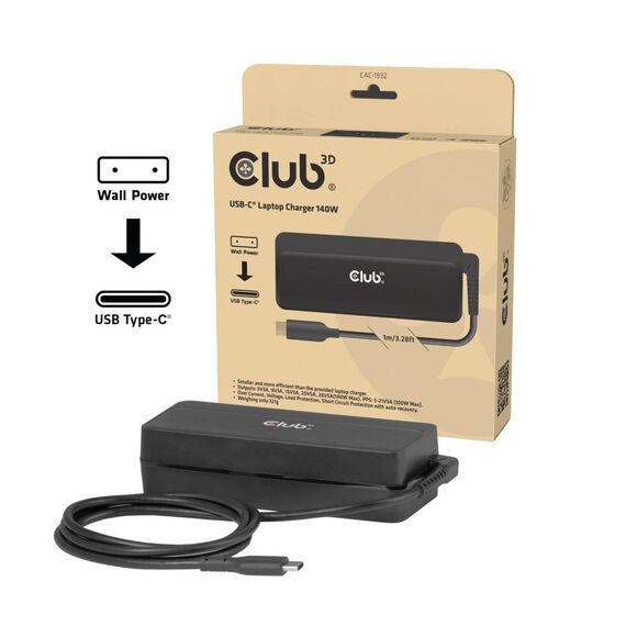 Club 3D CAC-1932 140W GaN USB-C Laptop Charger PD 3.1