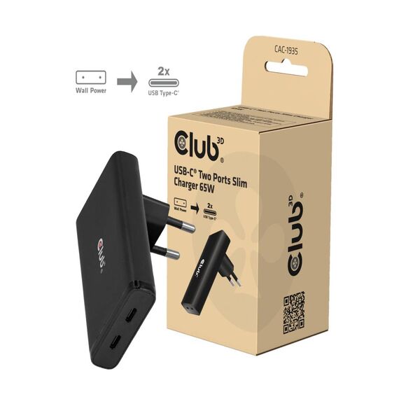 Club 3D CAC-1935 Slim 65W GaN Dual USB-C Charger