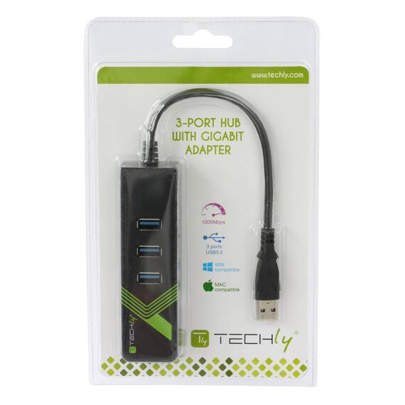 Techly USB 3.2 Gigabit Ethernet Adapter with 3-Port Hub