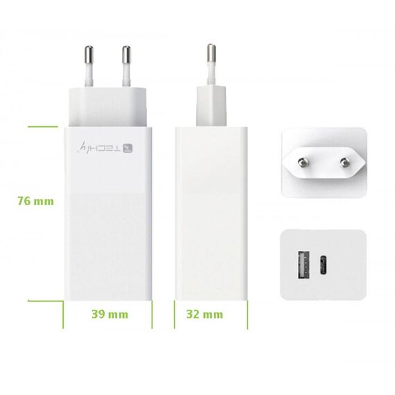 Techly 100 W USB-C PD + USB-A Wall Charger White
