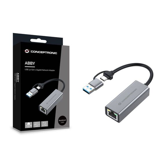 Conceptronic ABBY08G USB-A USB-C Gigabit Ethernet Adapter Grey