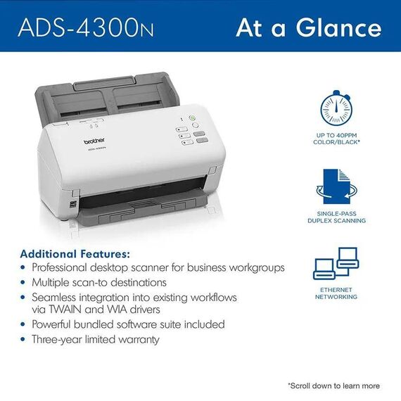 Brother ADS-4300N Network Duplex Document Scanner
