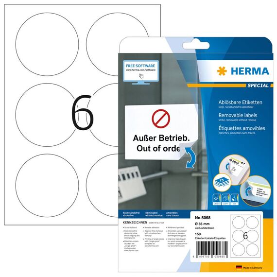 HERMA Removable Round Labels Ø85 mm White 150 pcs
