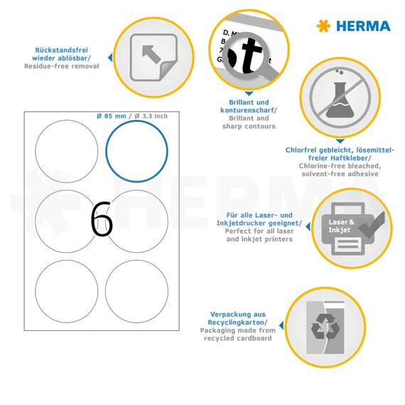 HERMA Removable Round Labels Ø85 mm White 150 pcs