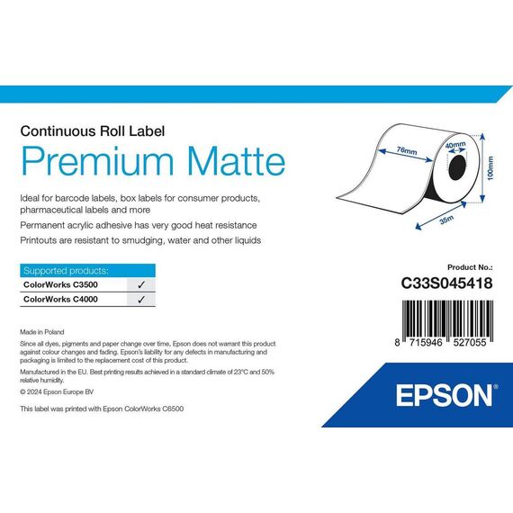 Epson Premium Matte Continuous Label Roll 76mm x 35m