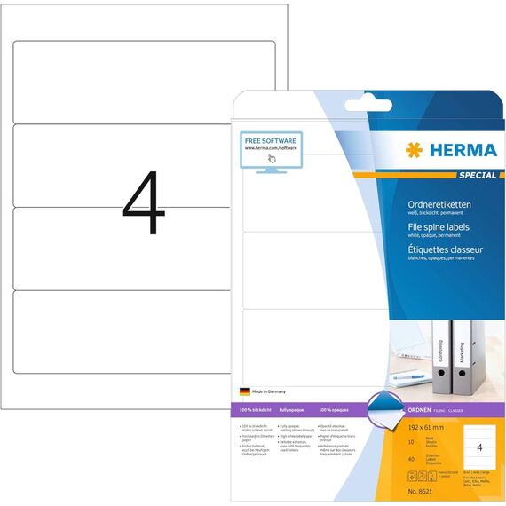 HERMA 8621 File Spine Labels 192 × 61 mm White 40 Pack
