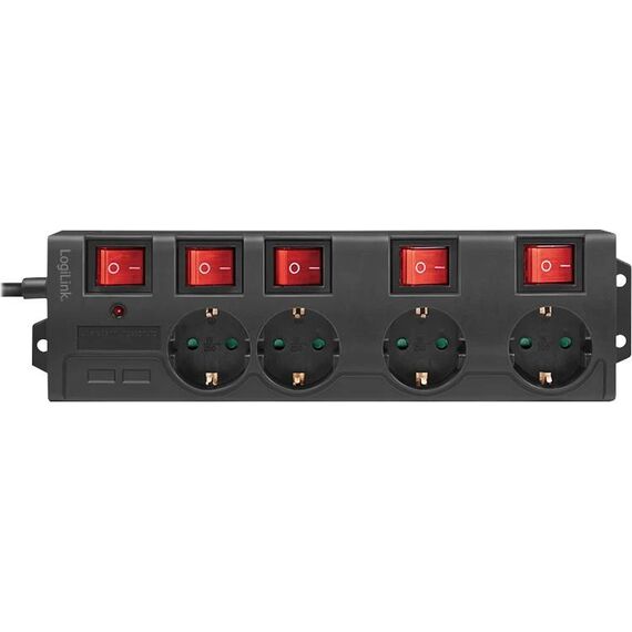 LogiLink LPS251 4-Way Power Strip, 5 Switches, Black