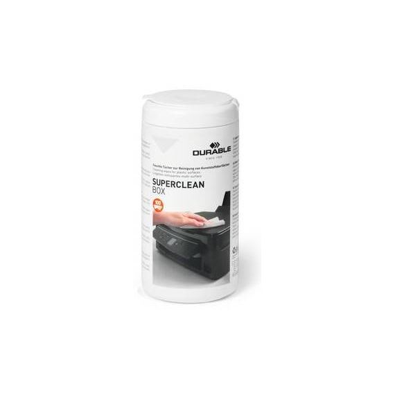 DURABLE SUPERCLEAN BOX 100 Cleaning Wipes for Plastic Surfaces, Resealable Dispenser