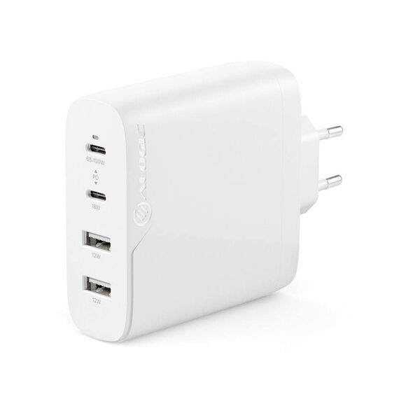 ALOGIC Rapid Power 100W 4-Port GaN EU Wall Charger, 2 x USB-C + 2 x USB-A, White / EU, Cable Included