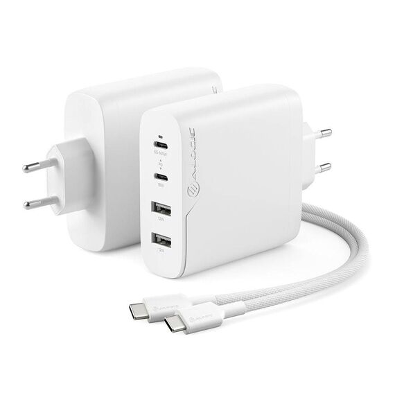 ALOGIC Rapid Power 100W 4-Port GaN EU Wall Charger, 2 x USB-C + 2 x USB-A, White / EU, Cable Included