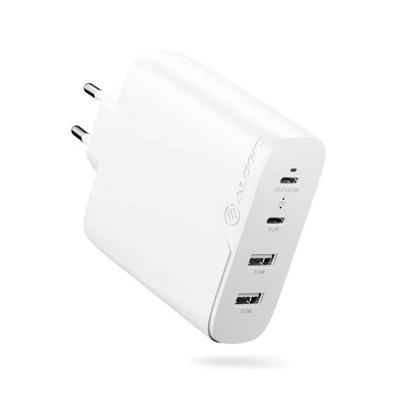 ALOGIC Rapid Power 100W 4-Port GaN EU Wall Charger, 2 x USB-C + 2 x USB-A, White / EU, Cable Included