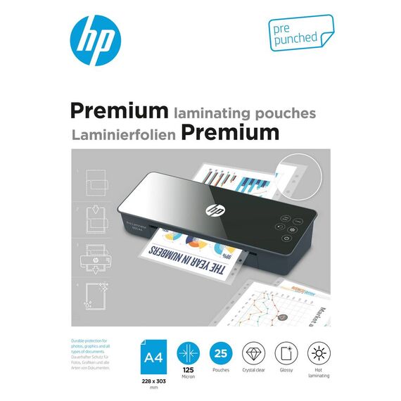 HP Premium 9122 Pre-Punched A4 Laminating Pouches, 125 µm, Pack of 25