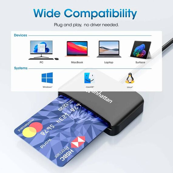 Manhattan 102742 USB-C Smart Card Reader with microSD Slot, 1m, Black