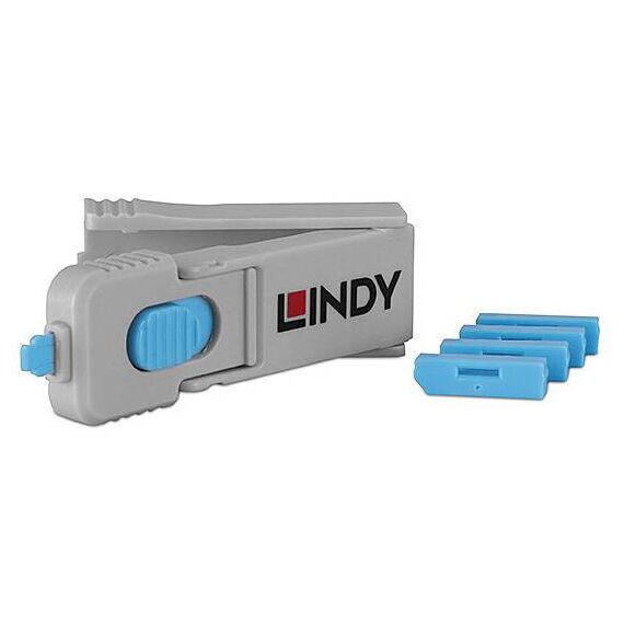 Lindy 40324 DisplayPort Port Blocker Kit, Key + 4 Locks, Blue