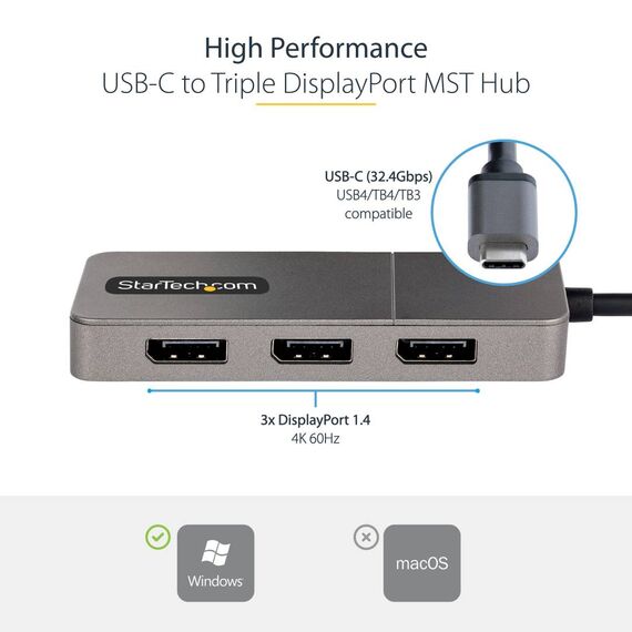 StarTech.com MST14CD123DP USB-C triple DisplayPort 1.4 MST hub grey