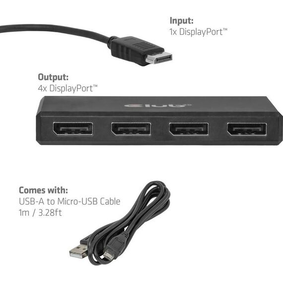 Club 3D CSV-7400 DisplayPort 1.4 Quad Monitor MST Hub, 4 × 4K30
