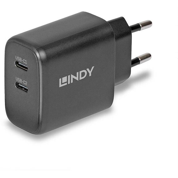 Lindy 65W GaN 2-Port USB-C Charger, Euro Plug, Black