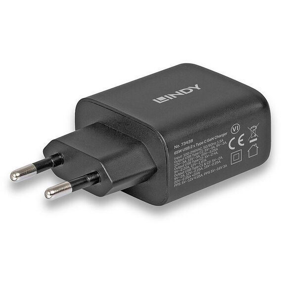 Lindy 65W GaN 2-Port USB-C Charger, Euro Plug, Black