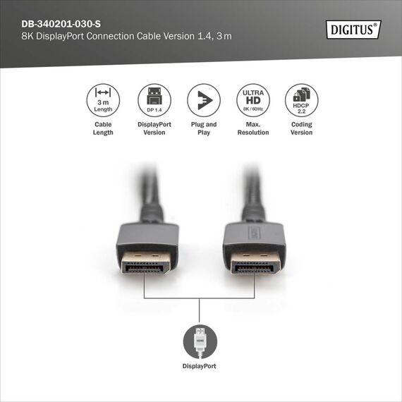 DIGITUS DB-340201-030-S 3m DisplayPort 1.4 Cable