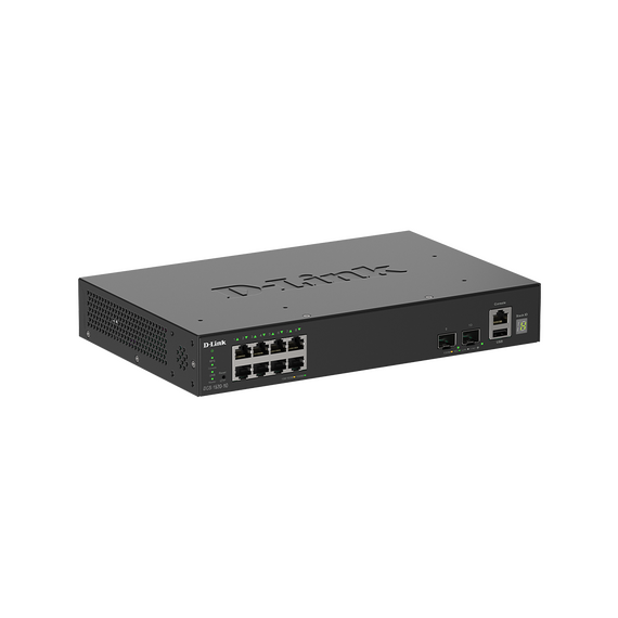 D-Link DGS-1530-10 fanless switch with eight Gigabit RJ45 ports and two 10G SFP+ uplinks
