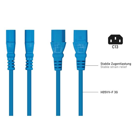 kabelmeister SK0130-B030 Blue Angled CEE 7-7 to Straight C13 Power Cable 3m