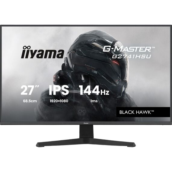 Black iiyama G-Master G2741HSU-B1 27-inch IPS144Hz monitor, front and angled views showing the tilt-only stand