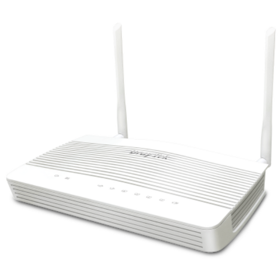 White DrayTek Vigor2136ax Wi-Fi6 router with two antennas, angled front and rear Ethernet-USB port views