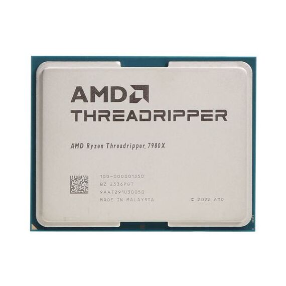 AMD Ryzen Threadripper 7980X bare processor with readable7980X and100-000001350 markings; exact-model retailer photo, tray CPU only