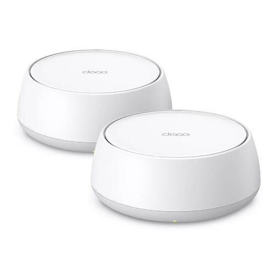White TP-Link Deco BE22 EU Wi-Fi 7 mesh system, two-pack and Gigabit port view