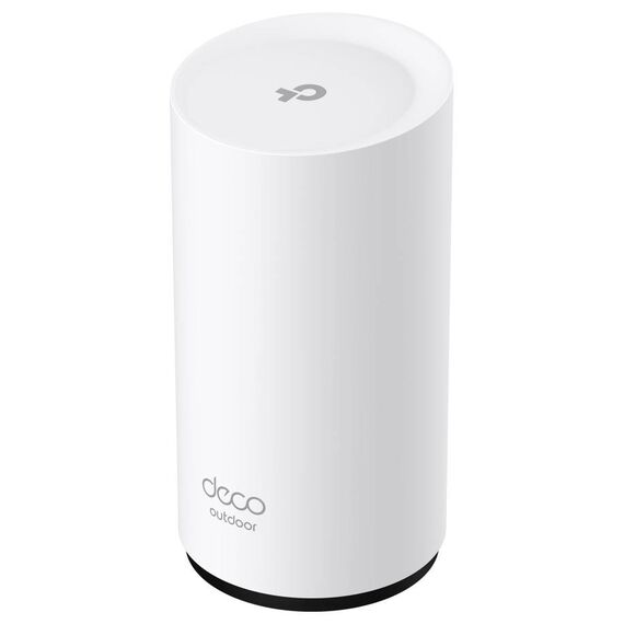 White TP-Link Deco BE25-Outdoor EU Wi-Fi7 mesh router, front angle and rear port views, one unit