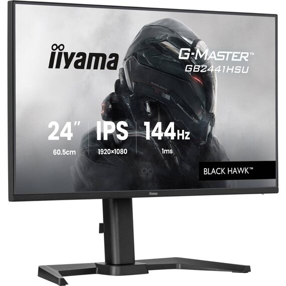 Black iiyama G-Master GB2441HSU-B1 23.8-inch IPS144Hz monitor with height-adjustable stand, front angle and rear views