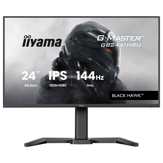 Black iiyama G-Master GB2441HSU-B1 23.8-inch IPS144Hz monitor with height-adjustable stand, front angle and rear views