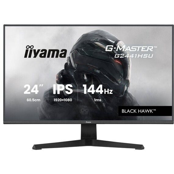 Black iiyama G-Master G2441HSU-B1 23.8-inch IPS 144Hz monitor with fixed tilt stand, front angled and side views