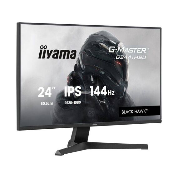 Black iiyama G-Master G2441HSU-B1 23.8-inch IPS 144Hz monitor with fixed tilt stand, front angled and side views