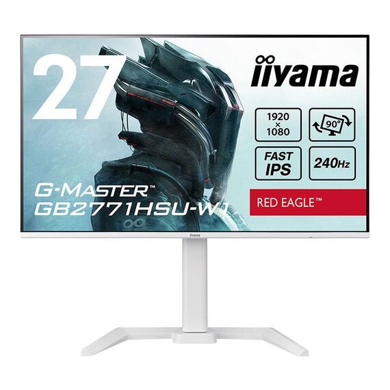 White iiyama G-Master GB2771HSU-W1 27-inch Fast IPS240Hz monitor with adjustable stand, front and angled views