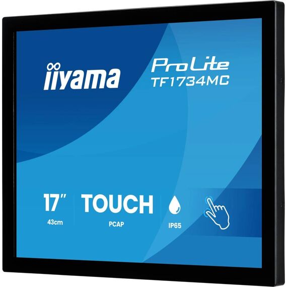 Black iiyama ProLite TF1734MC-B8X 17-inch open-frame touchscreen, angled front and rear VESA views without optional brackets