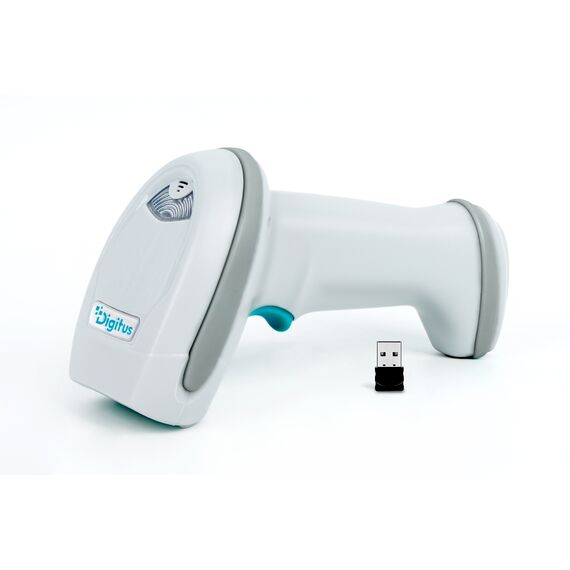 DIGITUS DA-81007 white and petrol wireless 1D/2D barcode scanner with USB receiver