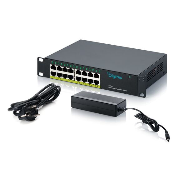 DIGITUS DN-95334 16-port Gigabit PoE+ switch and power connections